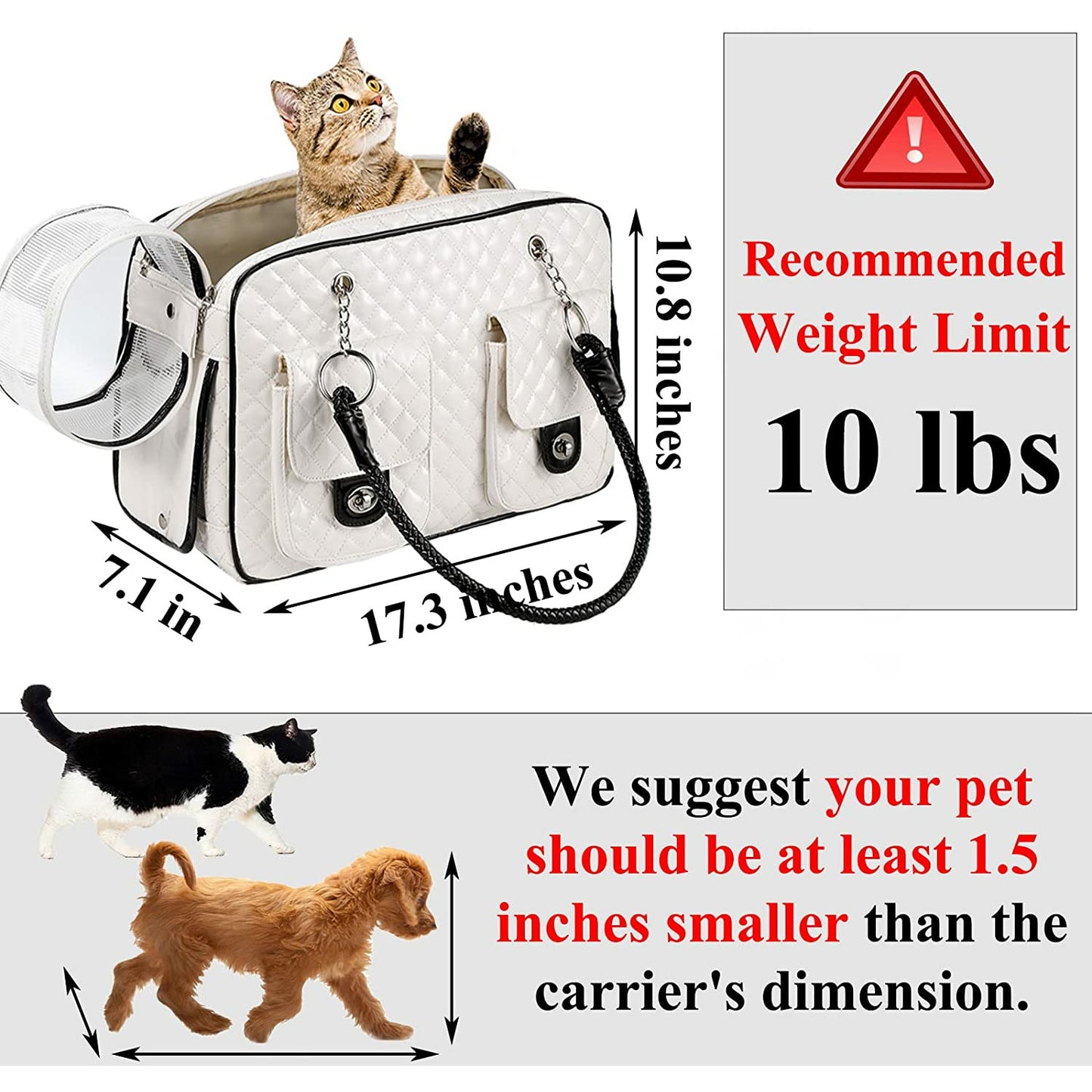 Pet Carrier Purse, 2 Pockets (White, Holds Up to 10lbs)