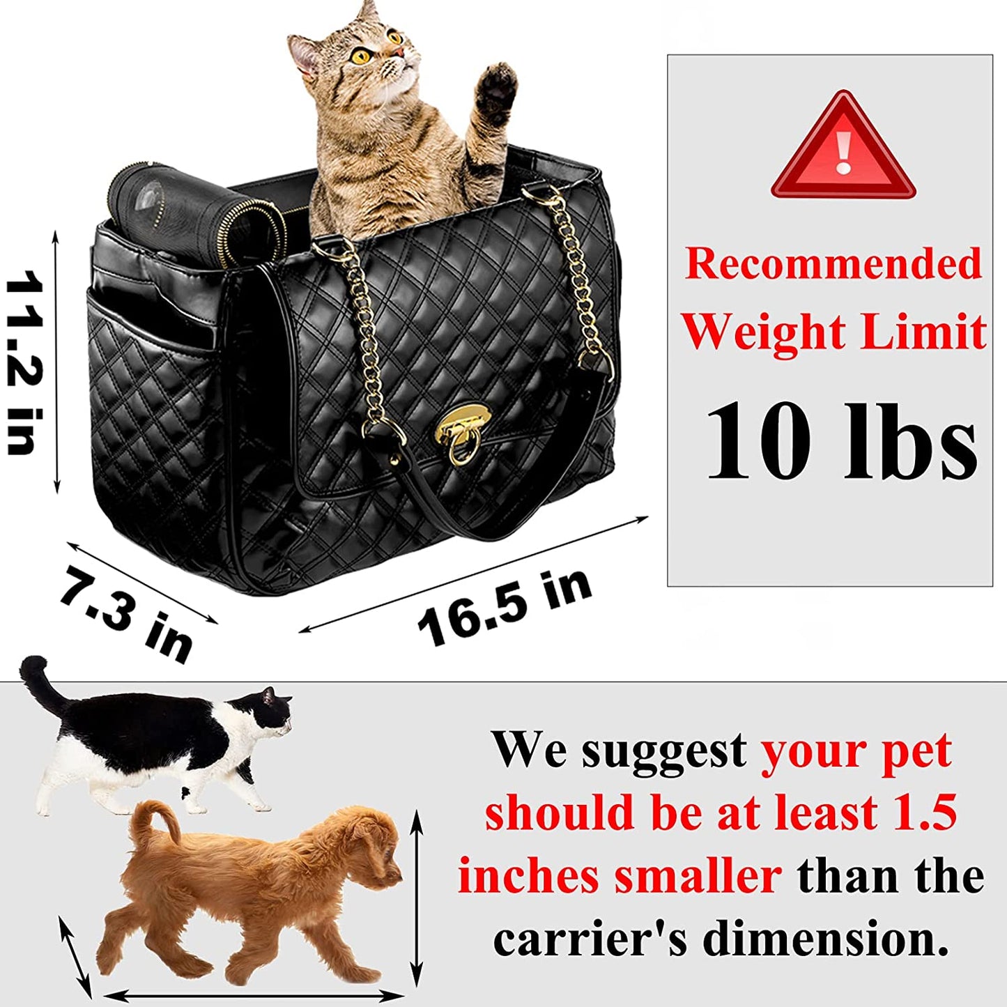 Pet Carrier Purse with Shoulder Strap, 2 Larger capacity pocket (Black, Holds Up to 10lbs)