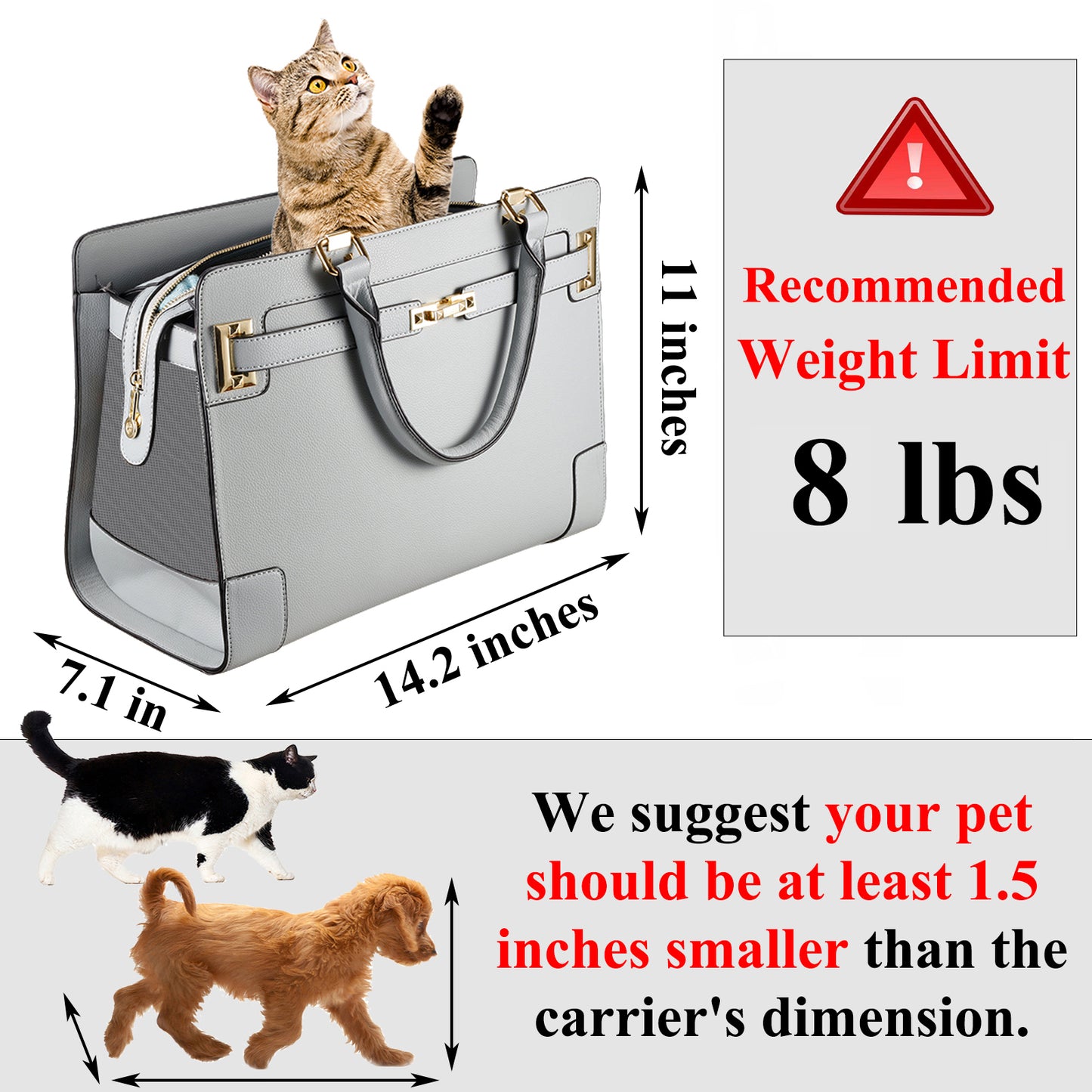 Pet Carrier Purse with Shoulder Strap, 1 Larger capacity pocket  (Black&Gray, Holds Up to 8lbs)